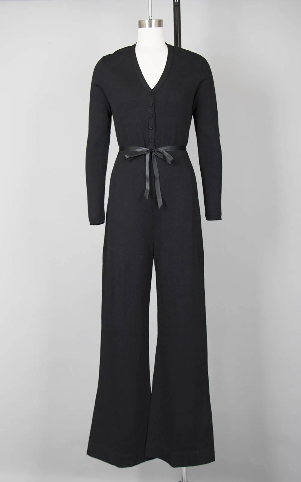 1970s Black Knit Wool Wide Leg Jumpsuit | medium