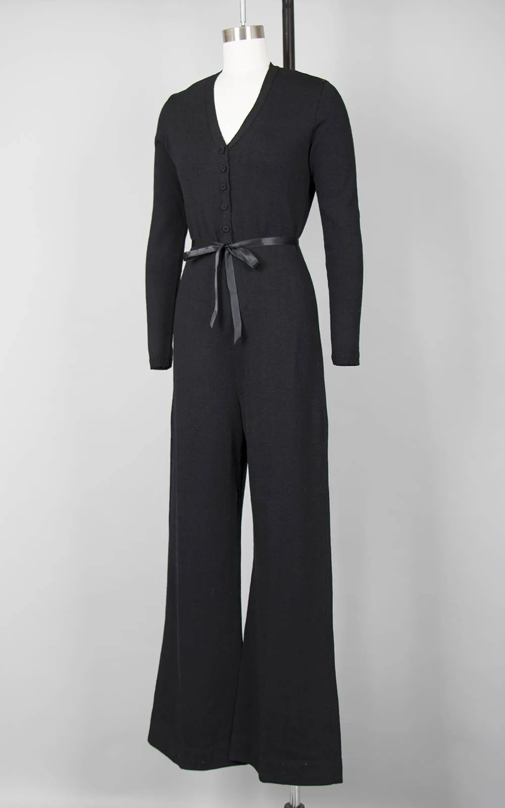 1970s Black Knit Wool Wide Leg Jumpsuit | medium
