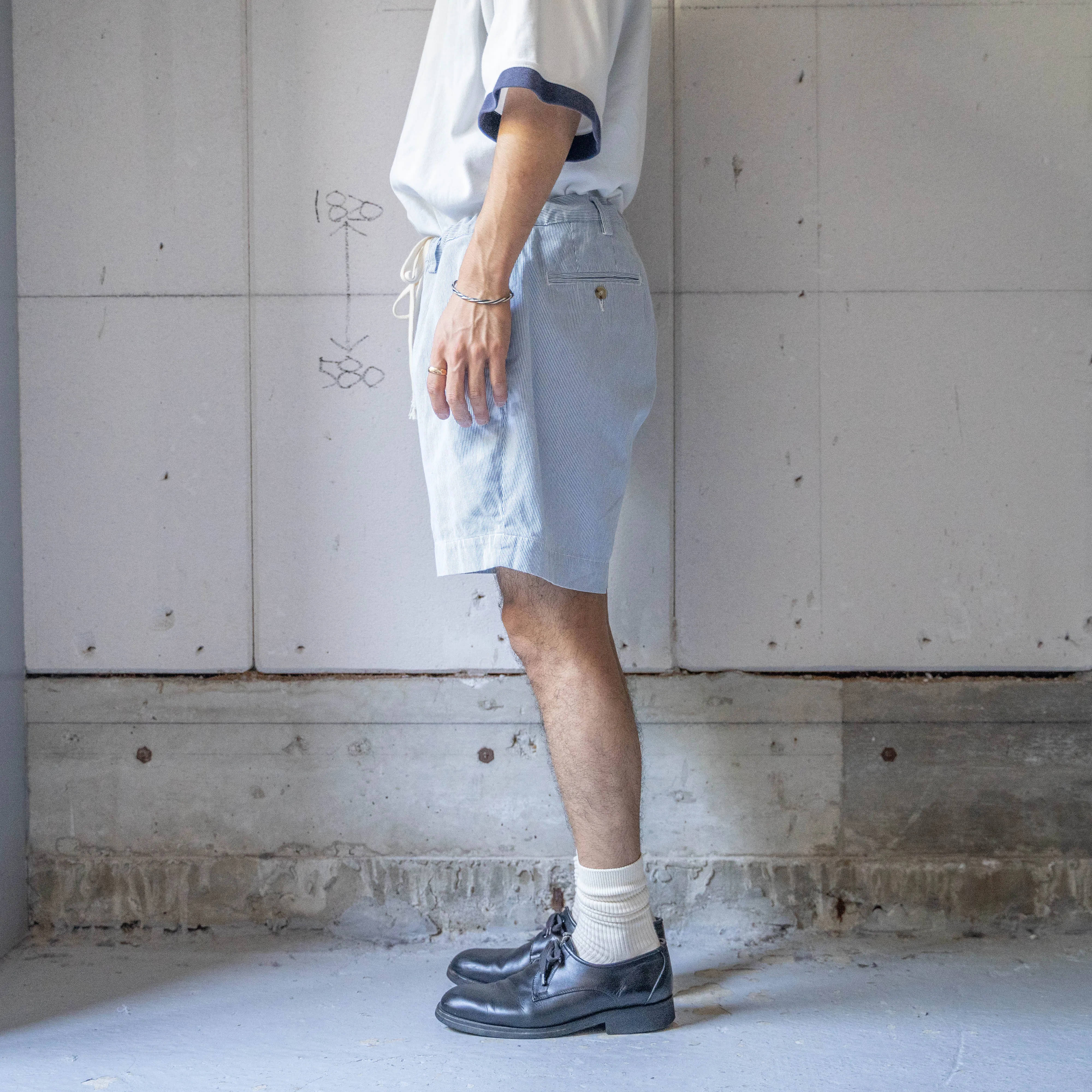 1990s Ralph Lauren blue × white striped shorts 'with waist cord remake'