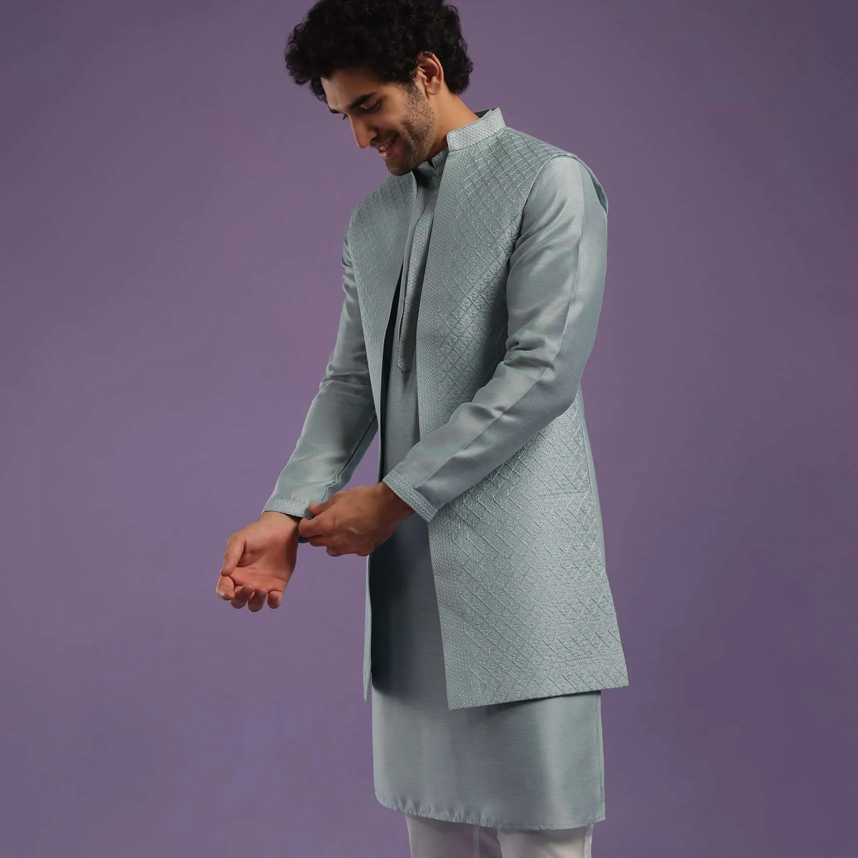 Airforce Blue Jacket Kurta Set In Silk With Resham And Thread Work