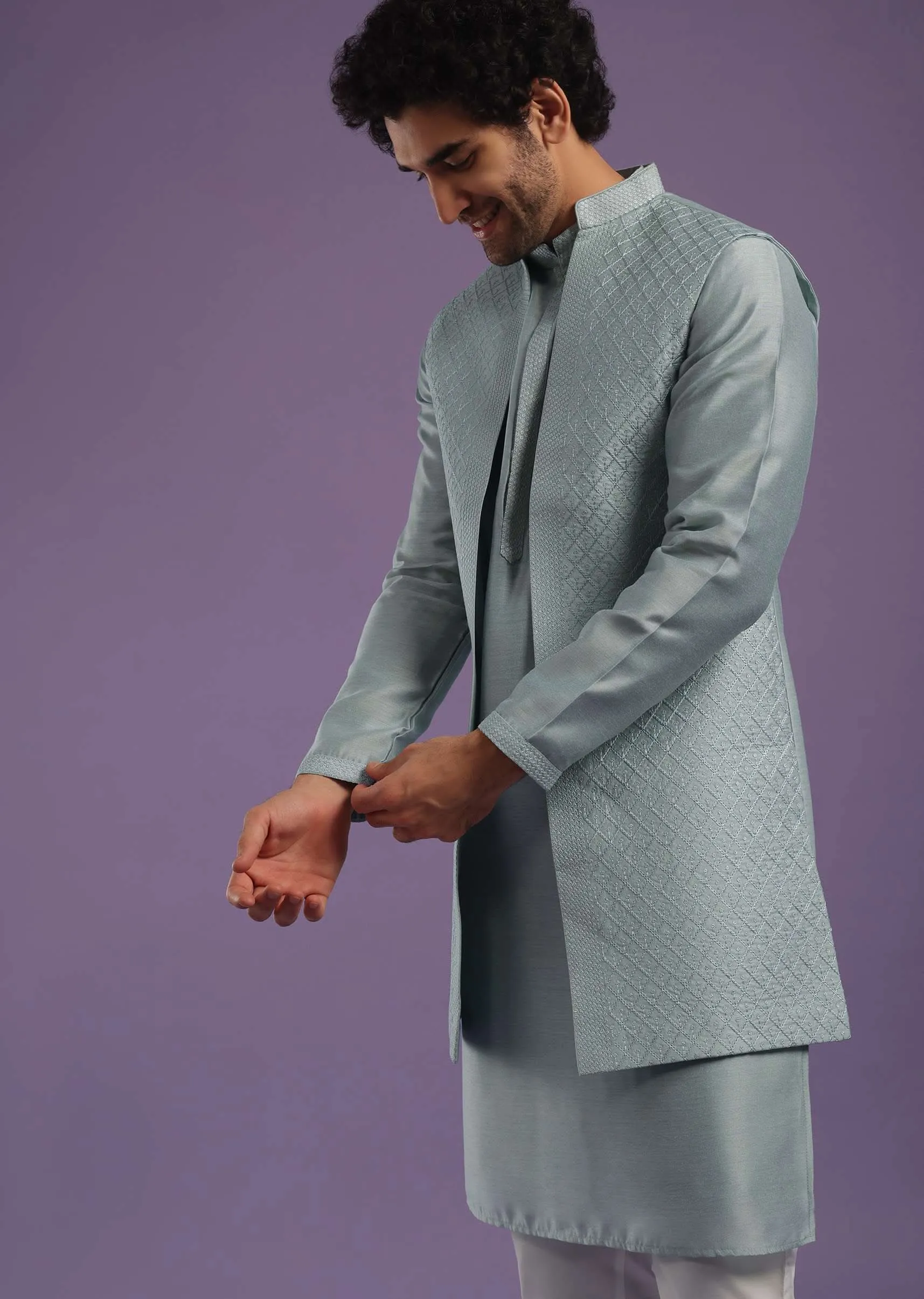 Airforce Blue Jacket Kurta Set In Silk With Resham And Thread Work
