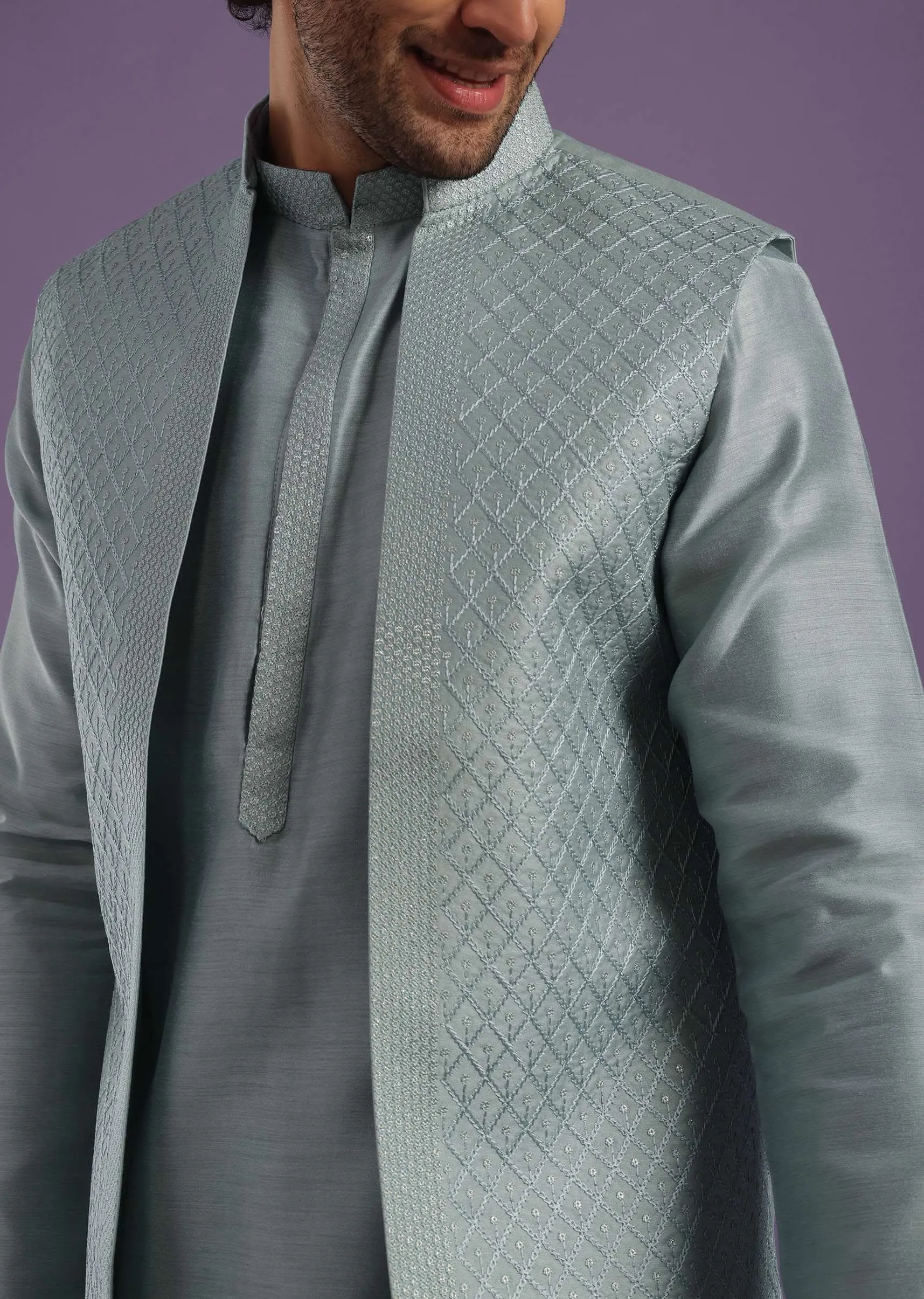 Airforce Blue Jacket Kurta Set In Silk With Resham And Thread Work