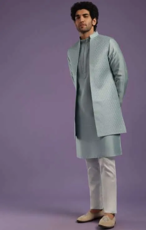 Airforce Blue Jacket Kurta Set In Silk With Resham And Thread Work