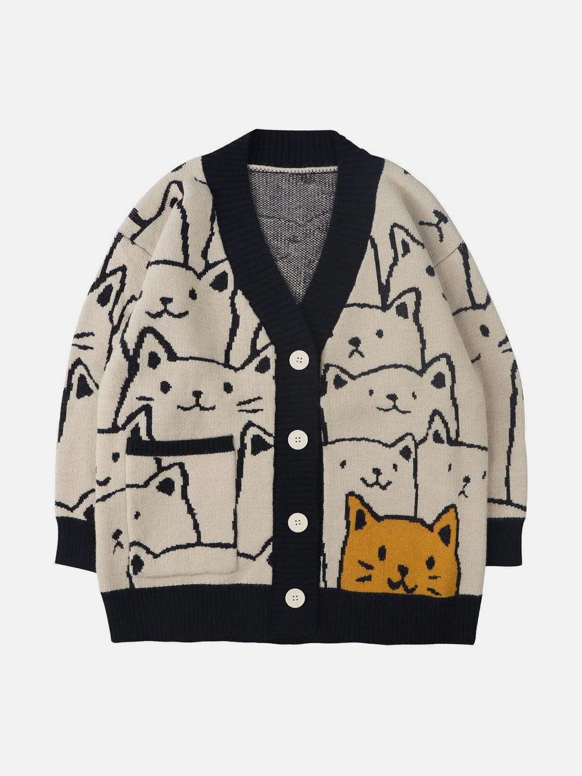 AlanBalen® - Cartoon Cat Print Knit Cardigan