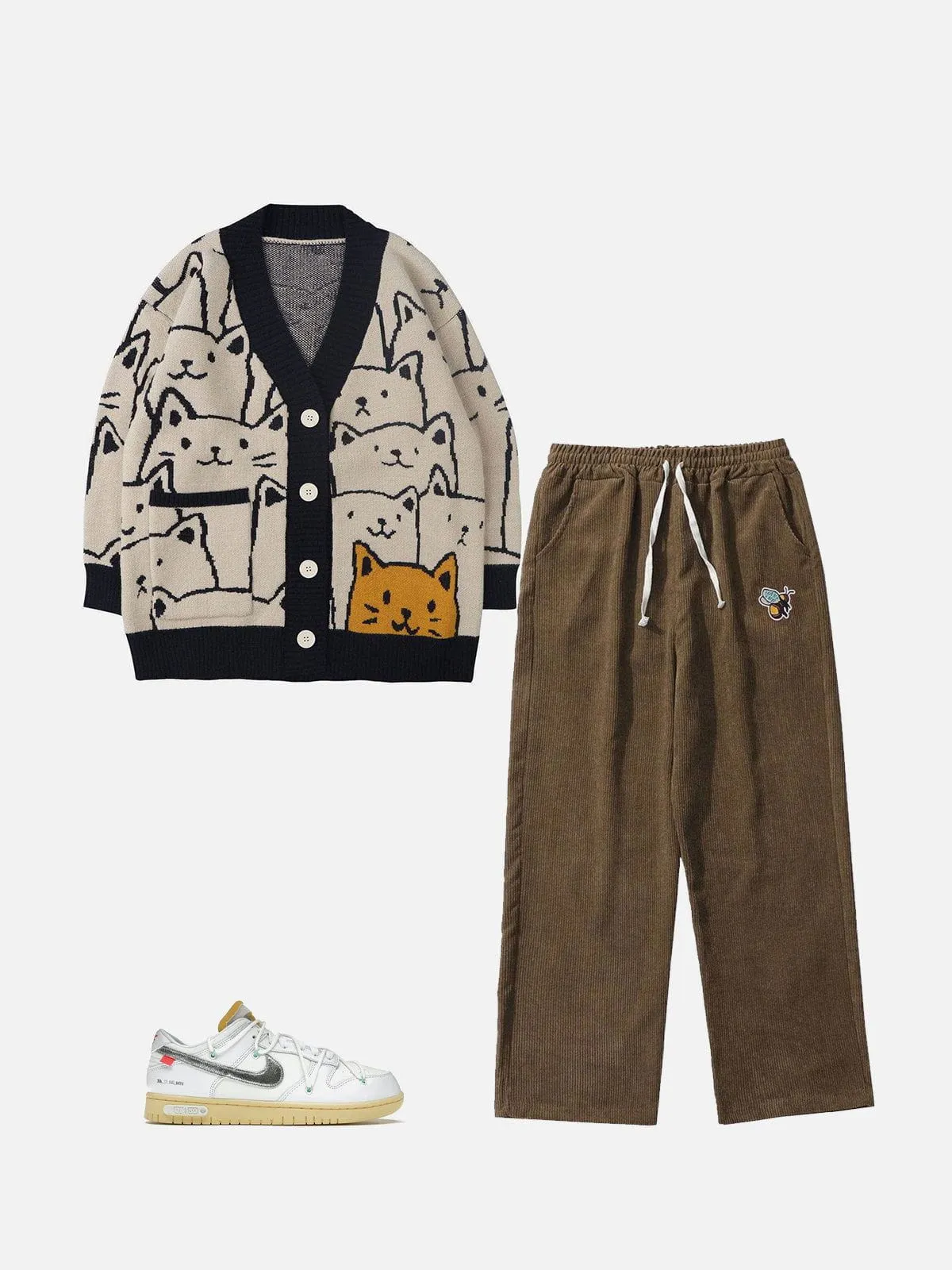 AlanBalen® - Cartoon Cat Print Knit Cardigan