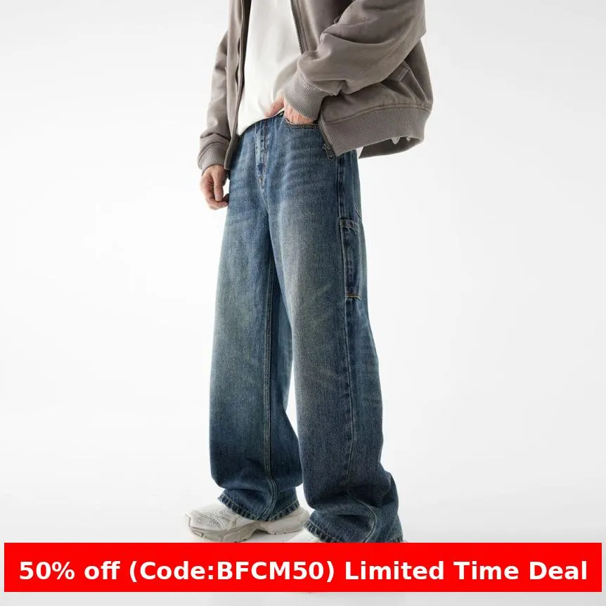 Amozae 90s streetwear American-Style Denim Street Loose Straight Pants Washed Comfortable Fashion Retro Casual Trousers Mop Jeans