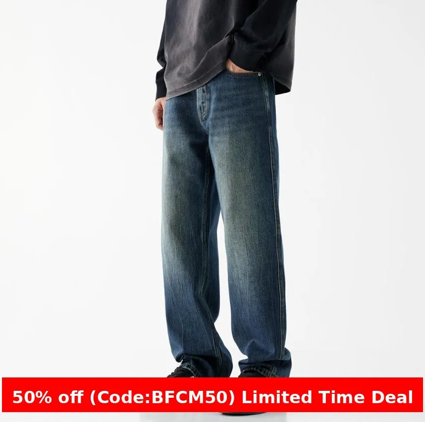 Amozae 90s streetwear American-Style Denim Street Loose Straight Pants Washed Comfortable Fashion Retro Casual Trousers Mop Jeans