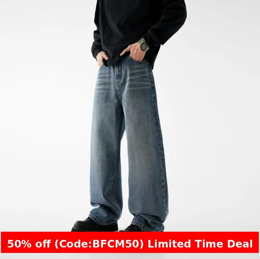 Amozae 90s streetwear American-Style Denim Street Loose Straight Pants Washed Comfortable Fashion Retro Casual Trousers Mop Jeans