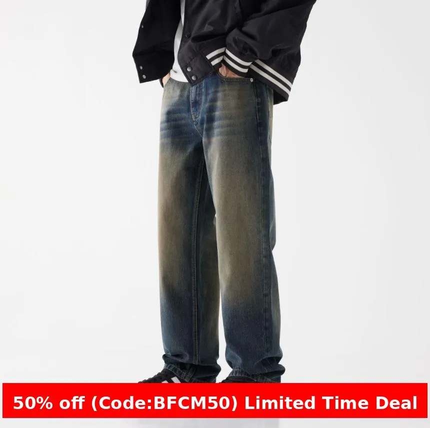 Amozae 90s streetwear American-Style Denim Street Loose Straight Pants Washed Comfortable Fashion Retro Casual Trousers Mop Jeans