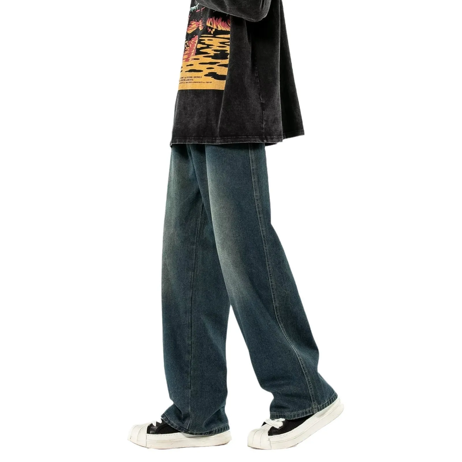 Amozae 90s streetwear National Fashion Retro Blue Washed Jeans Men's Korean-Style Spring and Autumn Loose Washed Straight Wide-Leg Mop Pants
