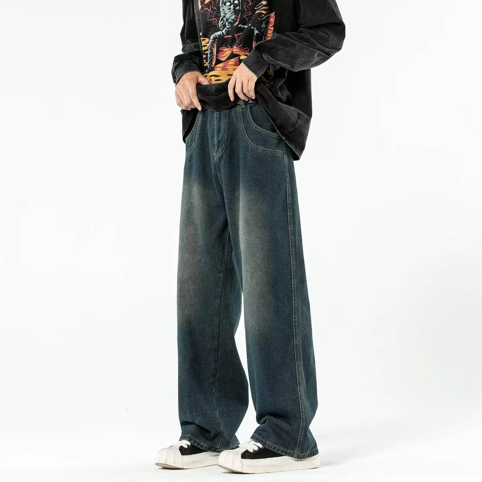 Amozae 90s streetwear National Fashion Retro Blue Washed Jeans Men's Korean-Style Spring and Autumn Loose Washed Straight Wide-Leg Mop Pants