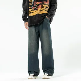 Amozae 90s streetwear National Fashion Retro Blue Washed Jeans Men's Korean-Style Spring and Autumn Loose Washed Straight Wide-Leg Mop Pants