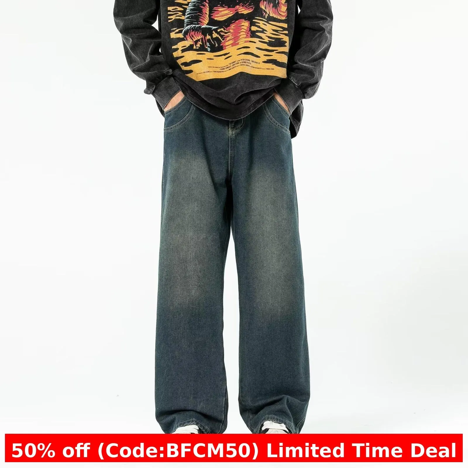 Amozae 90s streetwear National Fashion Retro Blue Washed Jeans Men's Korean-Style Spring and Autumn Loose Washed Straight Wide-Leg Mop Pants