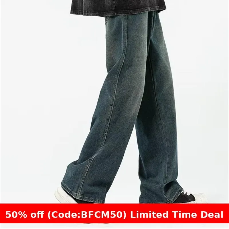 Amozae 90s streetwear National Fashion Retro Blue Washed Jeans Men's Korean-Style Spring and Autumn Loose Washed Straight Wide-Leg Mop Pants