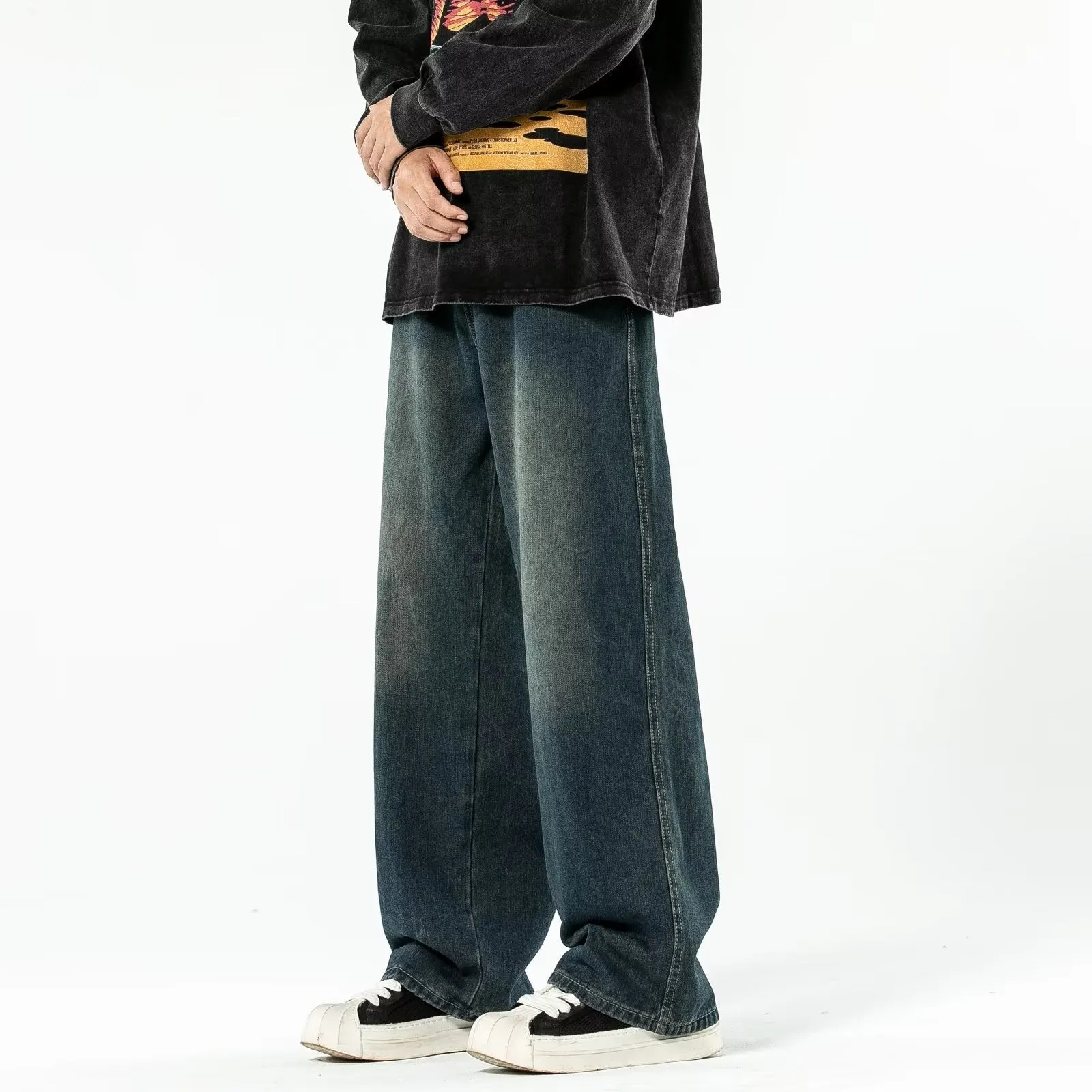 Amozae 90s streetwear National Fashion Retro Blue Washed Jeans Men's Korean-Style Spring and Autumn Loose Washed Straight Wide-Leg Mop Pants