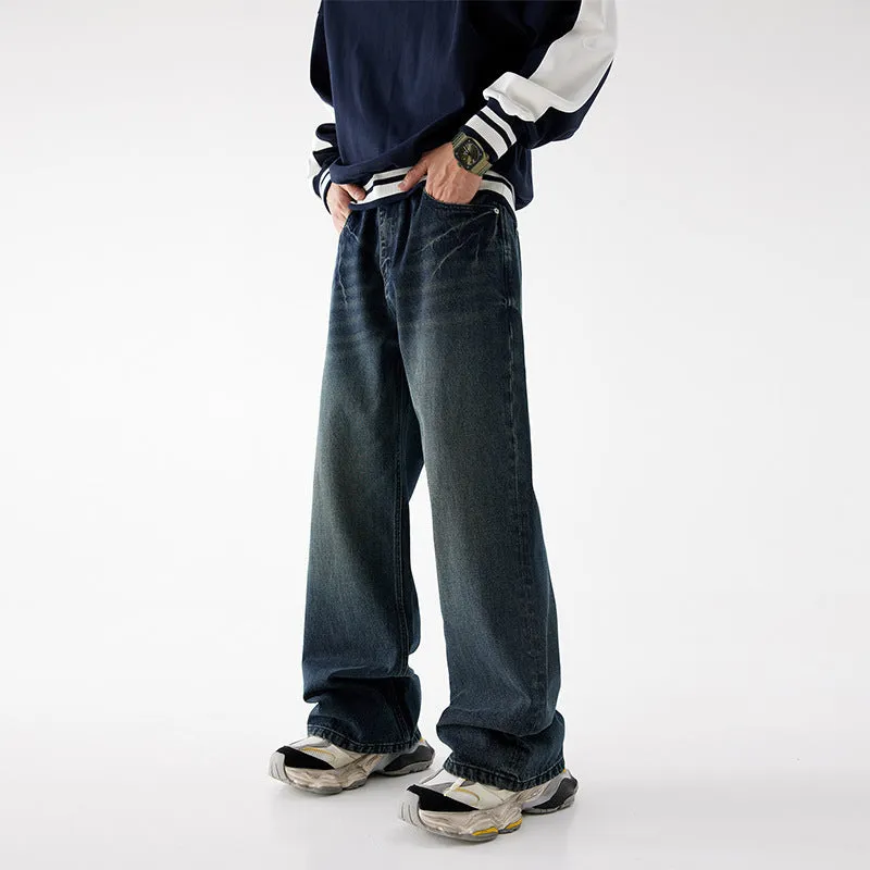 Amozae 90s streetwear New Loose Straight Jeans Men's American Retro Lazy High Street Casual Wide-Leg Pants