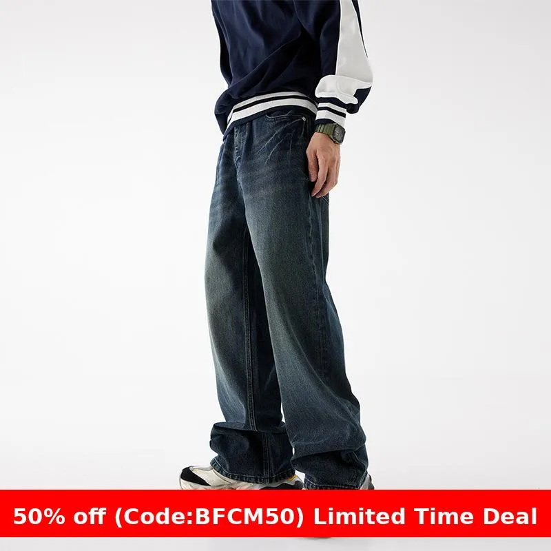 Amozae 90s streetwear New Loose Straight Jeans Men's American Retro Lazy High Street Casual Wide-Leg Pants