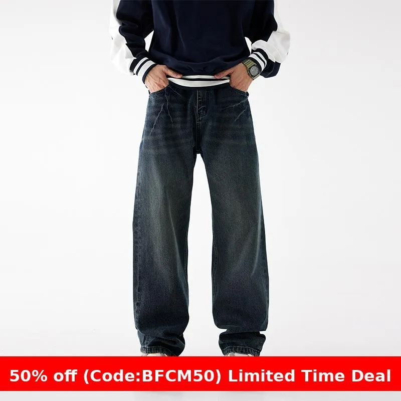 Amozae 90s streetwear New Loose Straight Jeans Men's American Retro Lazy High Street Casual Wide-Leg Pants