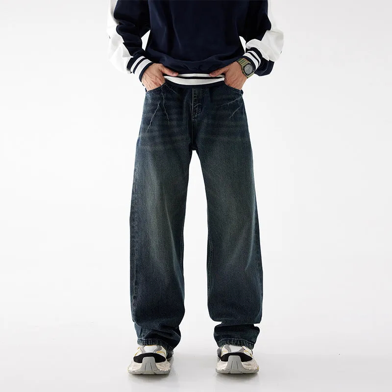 Amozae 90s streetwear New Loose Straight Jeans Men's American Retro Lazy High Street Casual Wide-Leg Pants