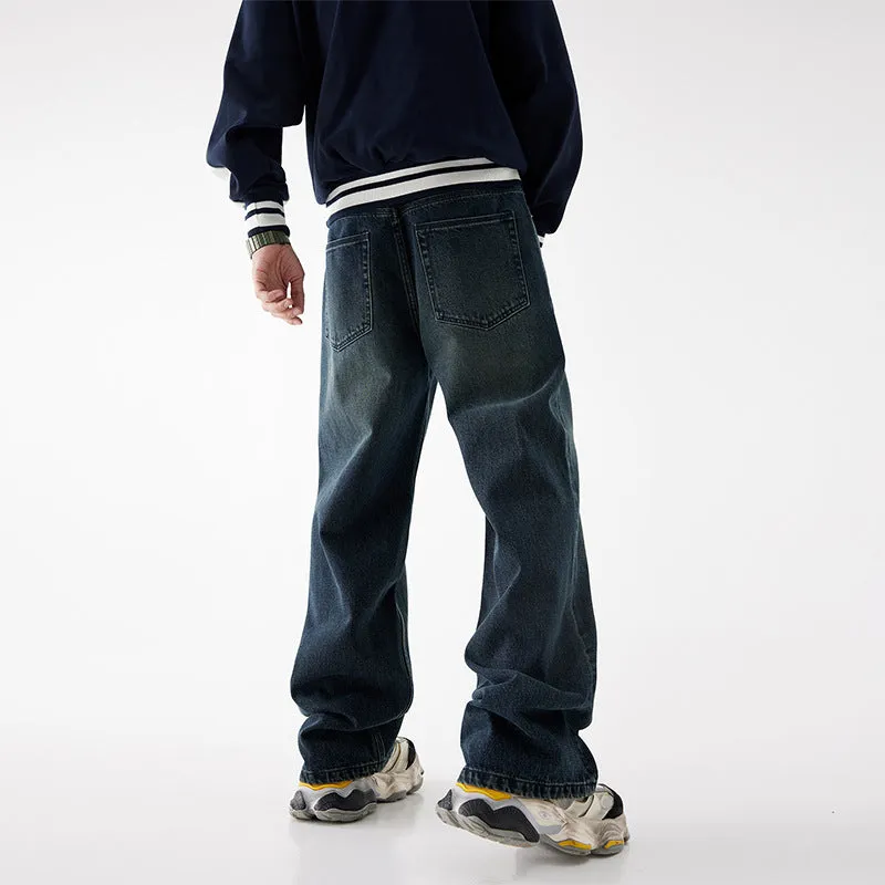 Amozae 90s streetwear New Loose Straight Jeans Men's American Retro Lazy High Street Casual Wide-Leg Pants