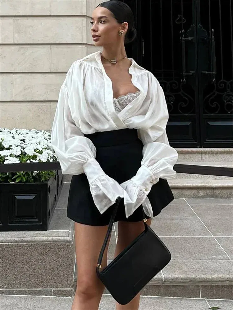 Amozae Autumn See-Through Casual Shirts Top For Women Loose Slim Long Sleeve Lapel Cardigan Streetwear Women's Pleated Shirts Top
