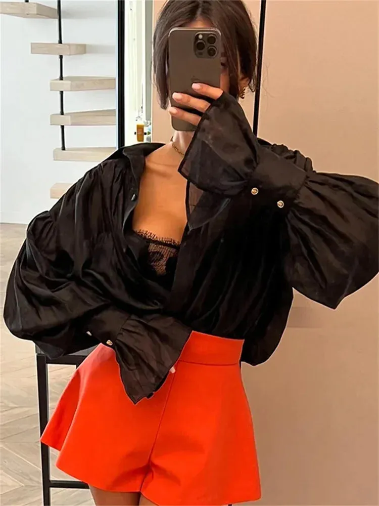 Amozae Autumn See-Through Casual Shirts Top For Women Loose Slim Long Sleeve Lapel Cardigan Streetwear Women's Pleated Shirts Top