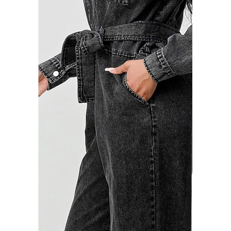 ATHINA BLACK WASHED DENIM TIE DETAIL JUMPSUIT