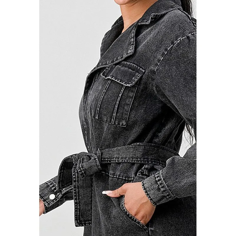 ATHINA BLACK WASHED DENIM TIE DETAIL JUMPSUIT