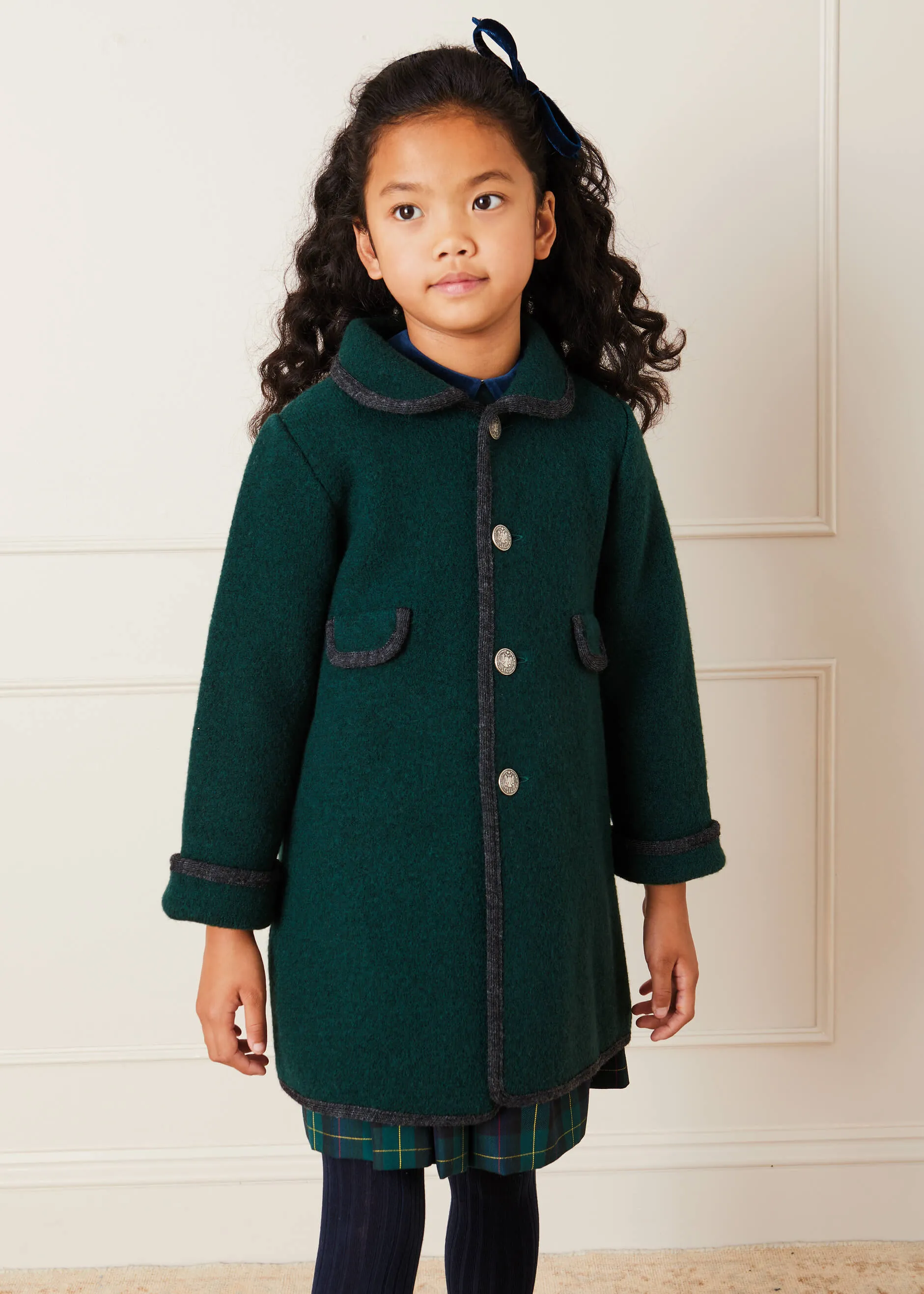 Austrian Single Breasted Coat With Grey Trim in Bottle Green (12mths-10yrs)