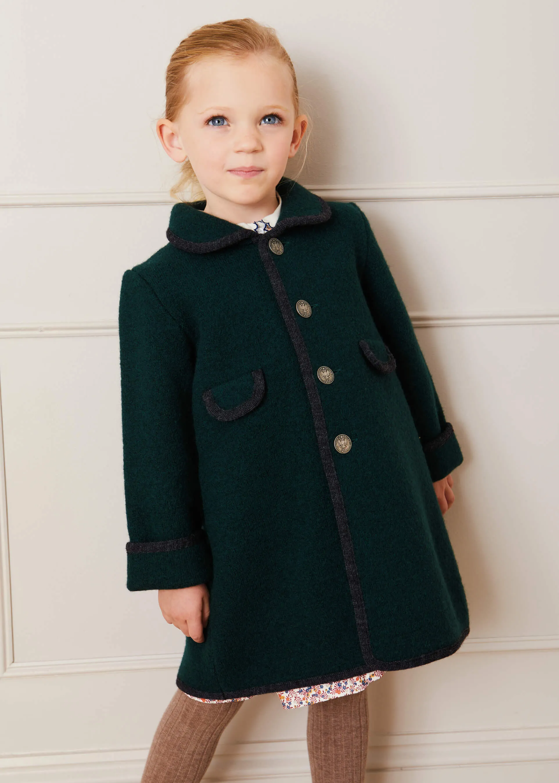 Austrian Single Breasted Coat With Grey Trim in Bottle Green (12mths-10yrs)