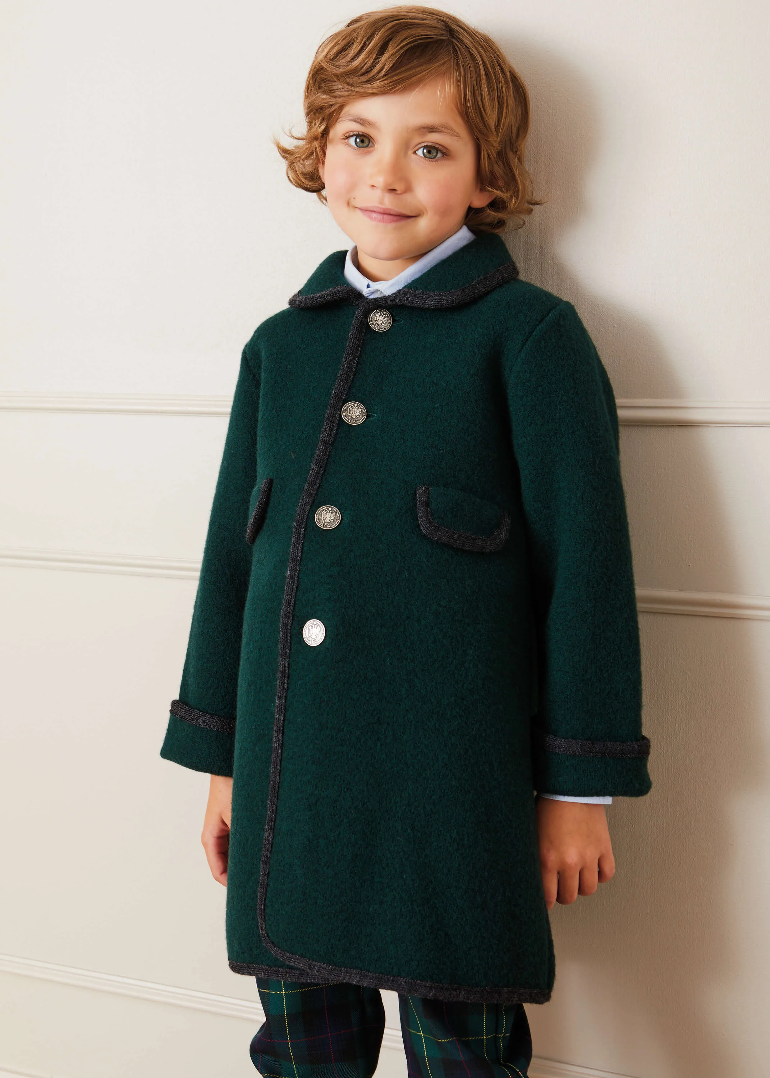 Austrian Single Breasted Coat With Grey Trim in Bottle Green (12mths-10yrs)