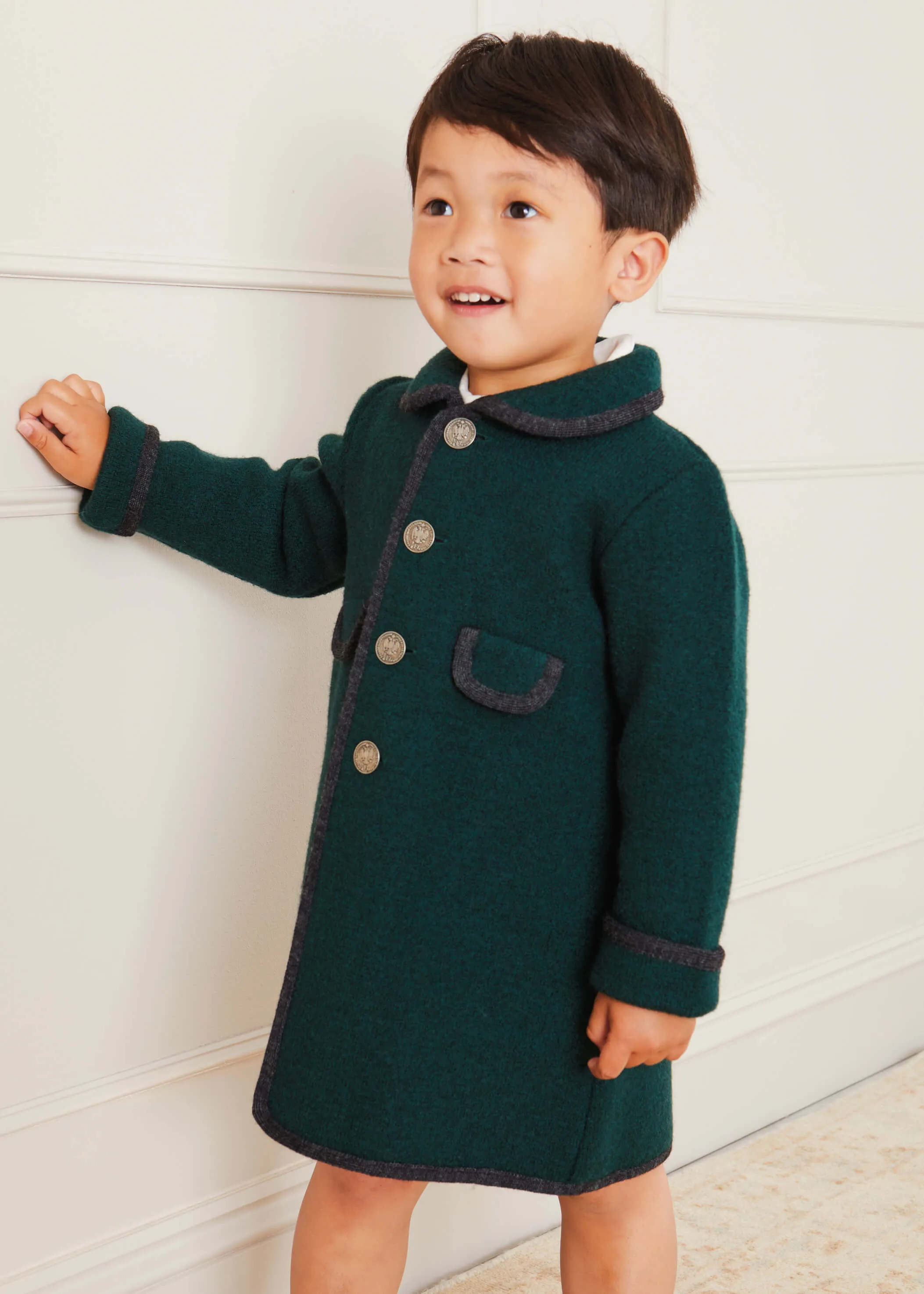 Austrian Single Breasted Coat With Grey Trim in Bottle Green (12mths-10yrs)