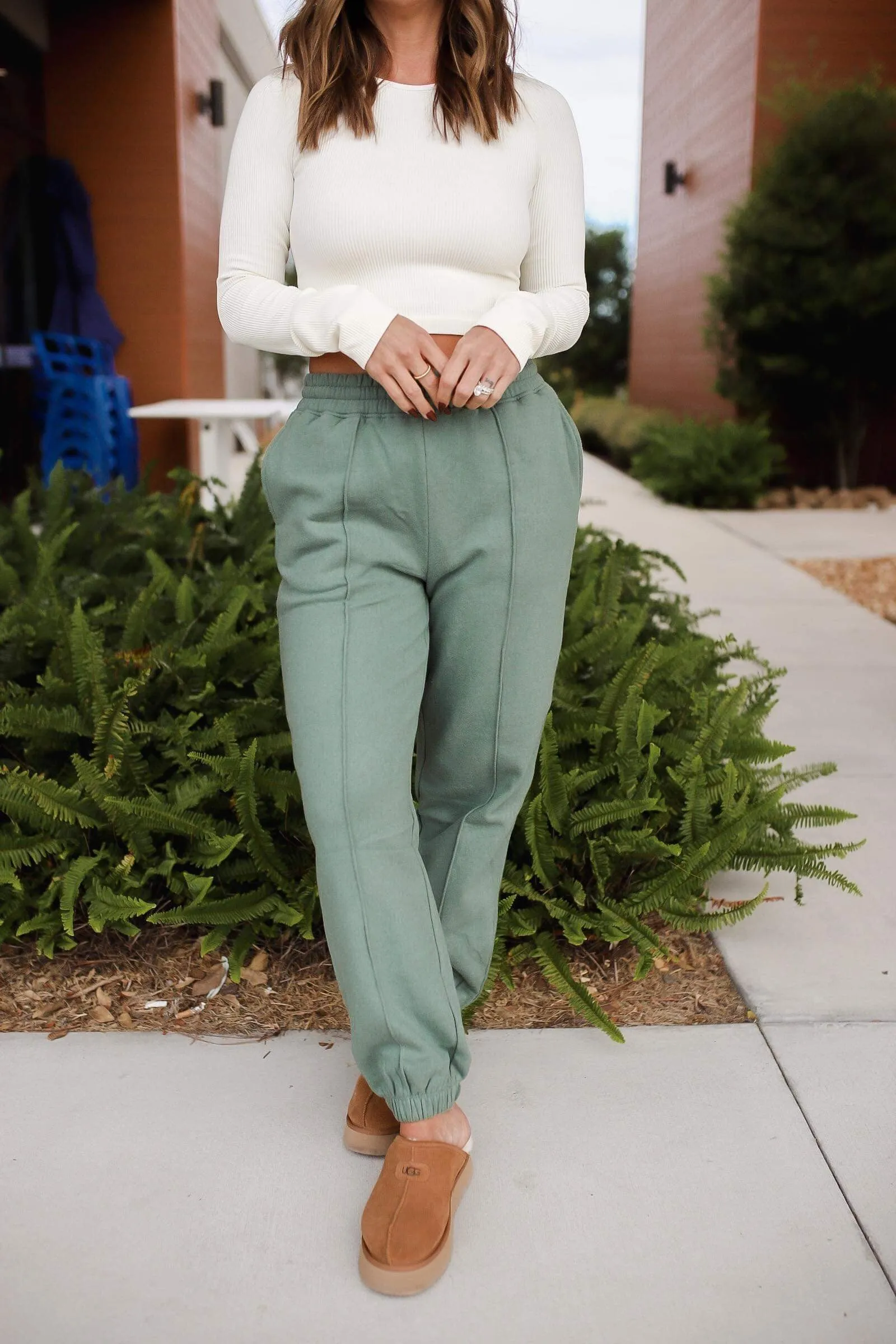 Back to It High Waist Pintuck Sweatpants - Grey Green