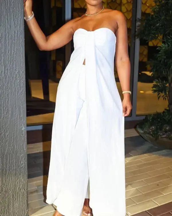 Bandeau Slit Longline Top & High Waist Pants Set
