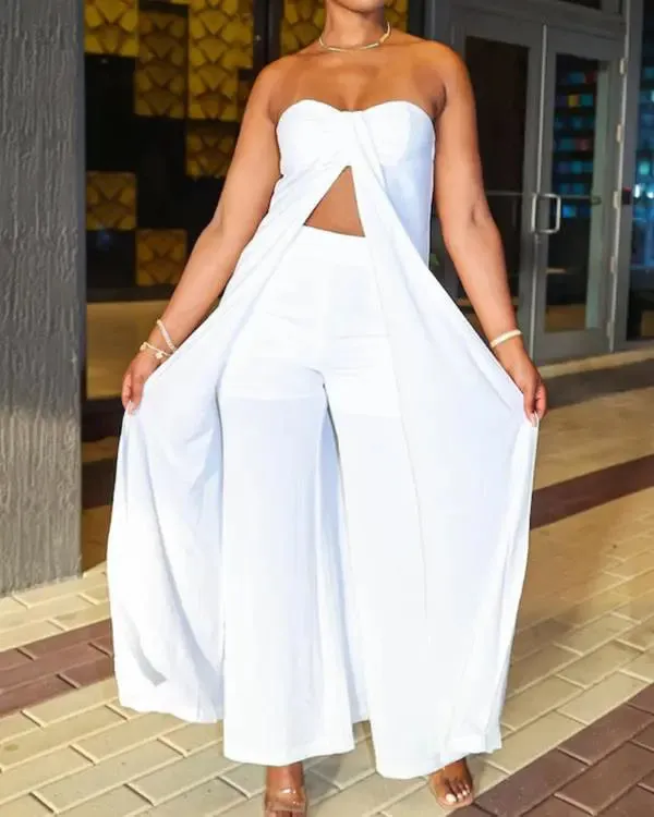 Bandeau Slit Longline Top & High Waist Pants Set