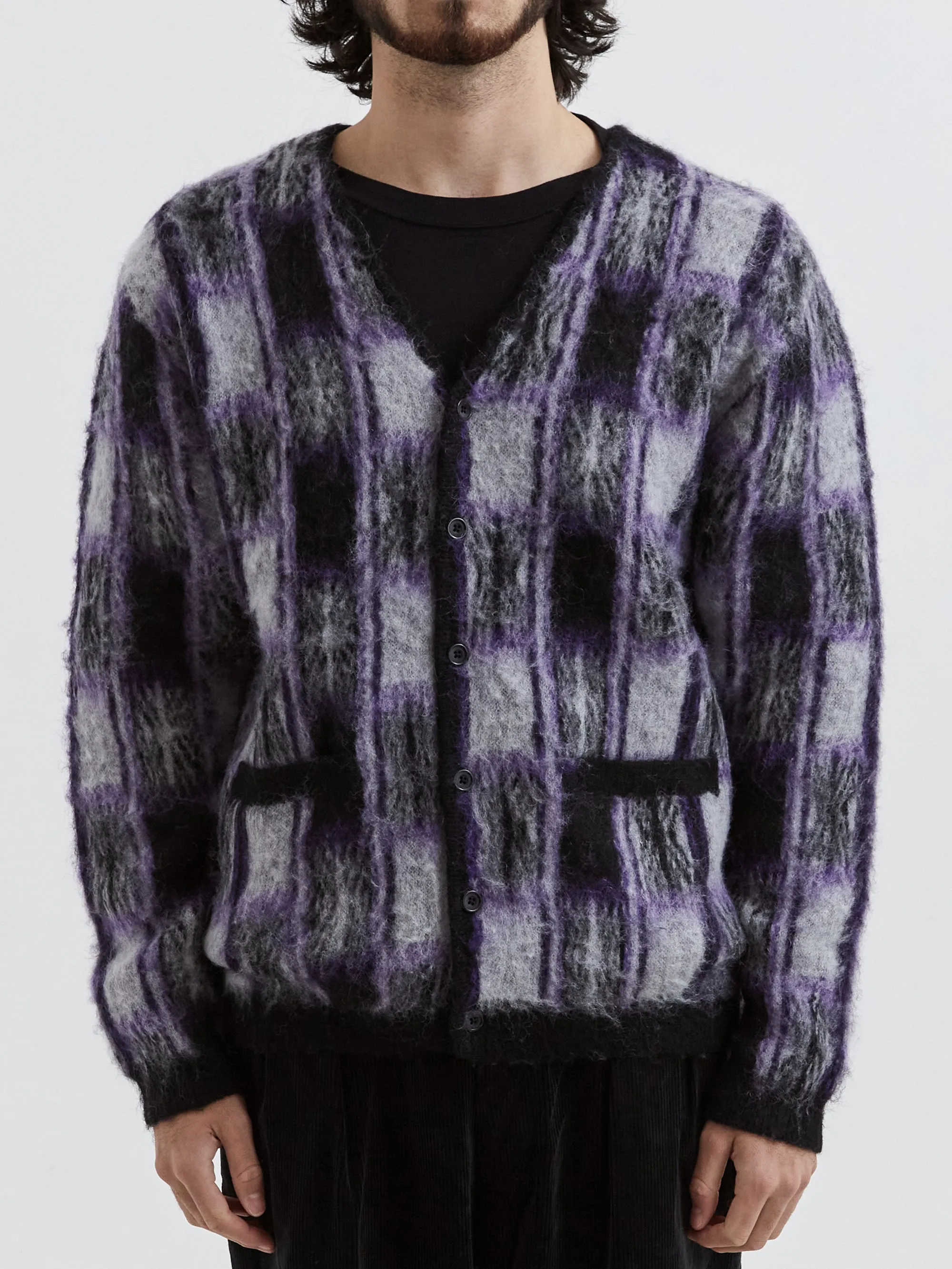 Beams Plus Cardigan Double Jacquard Check Pattern - Black