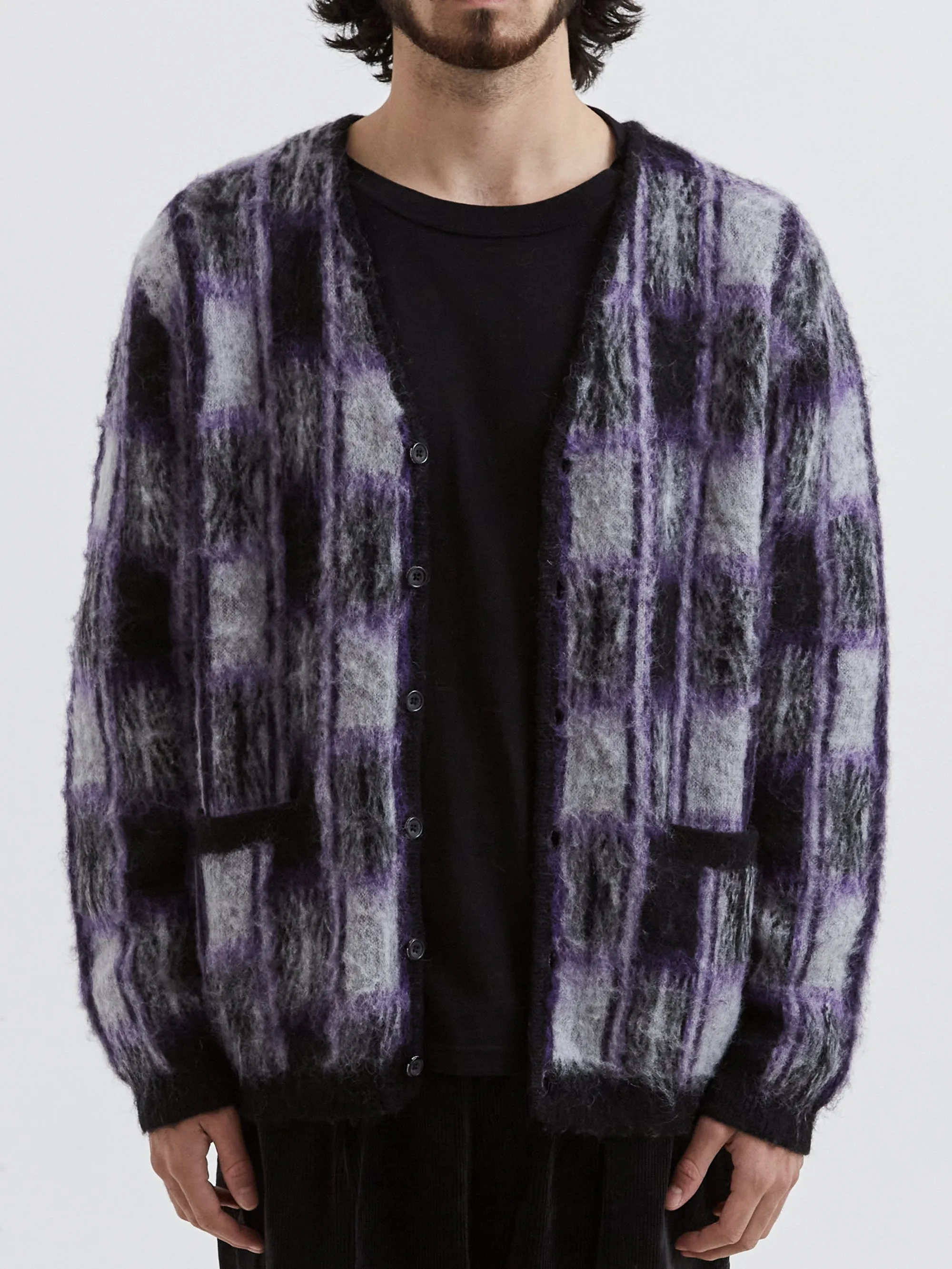 Beams Plus Cardigan Double Jacquard Check Pattern - Black