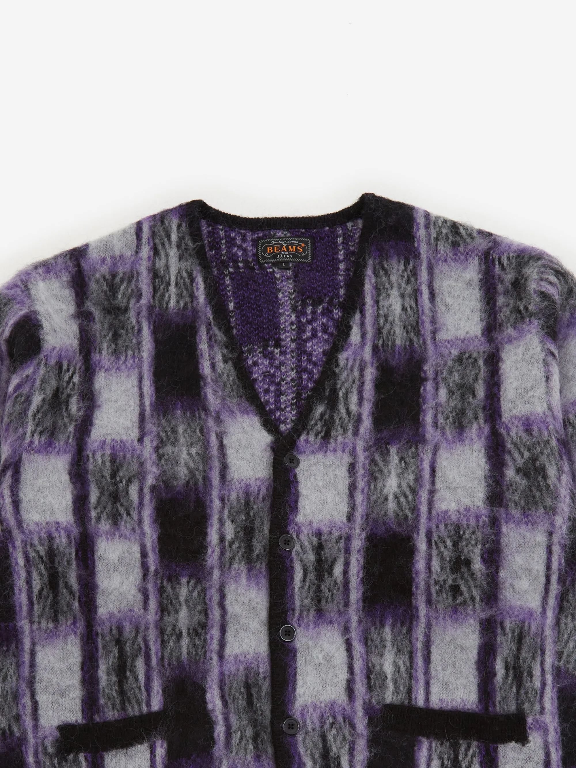 Beams Plus Cardigan Double Jacquard Check Pattern - Black