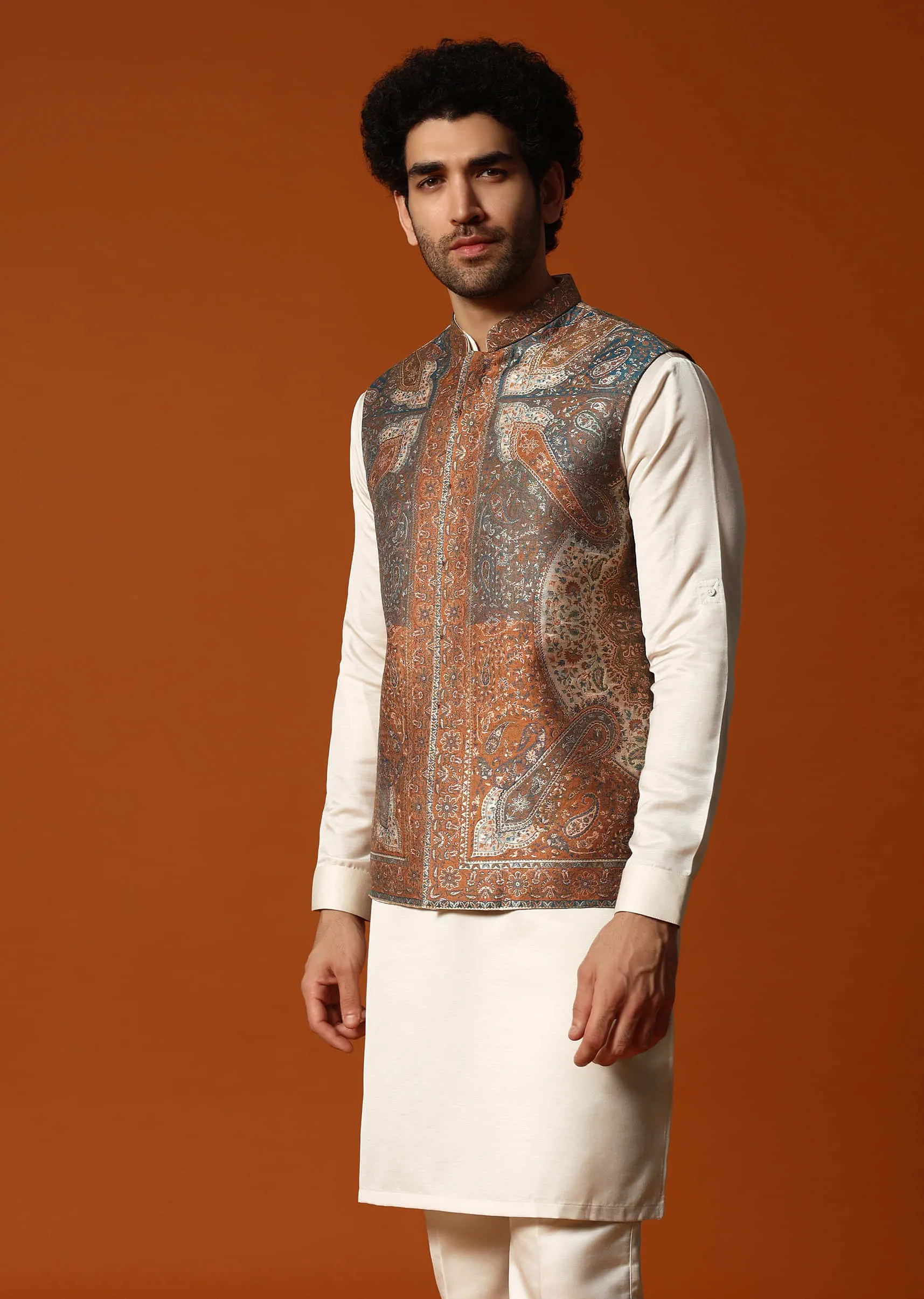Beige Printed Kurta Jacket Set For Men