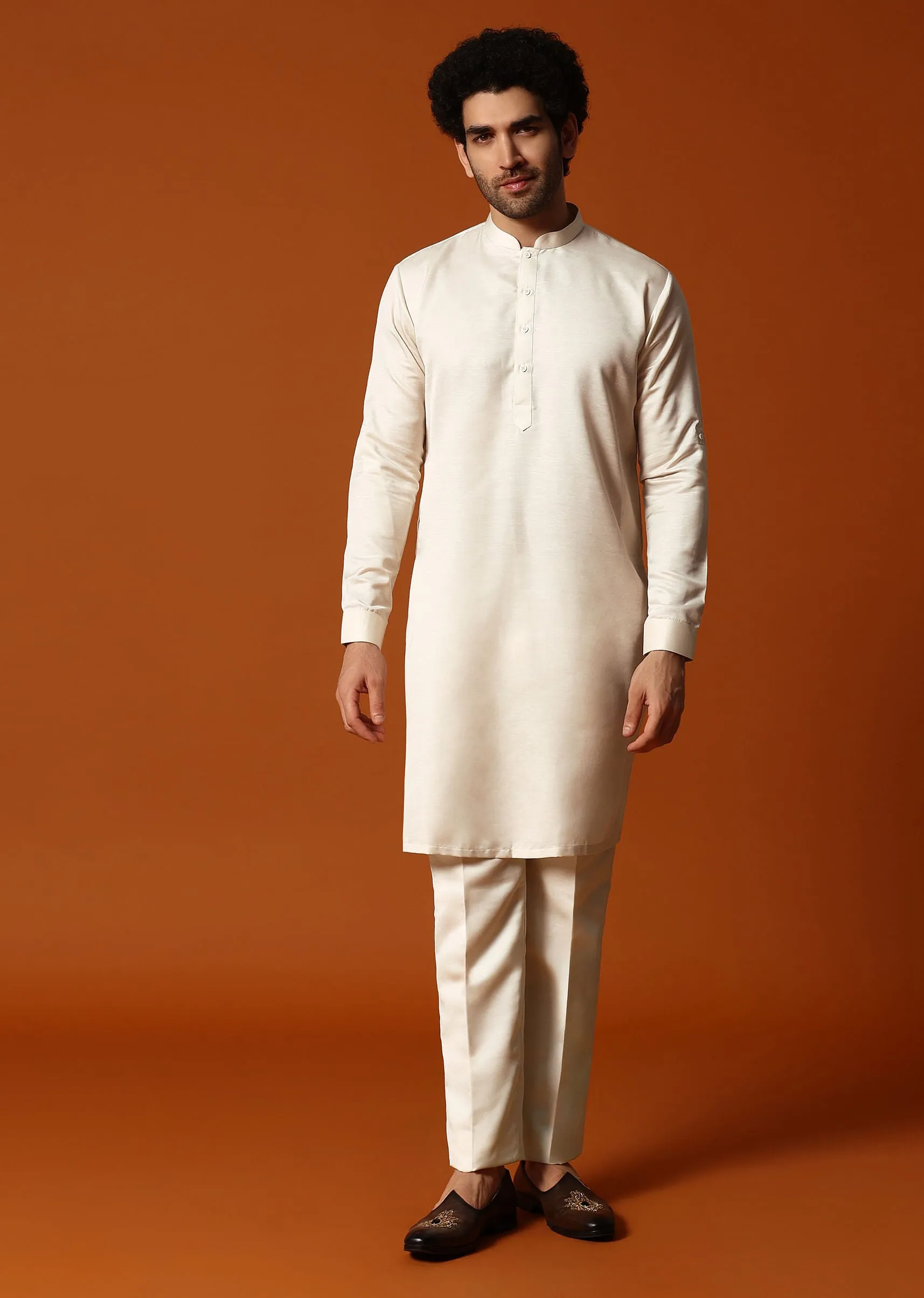 Beige Printed Kurta Jacket Set For Men