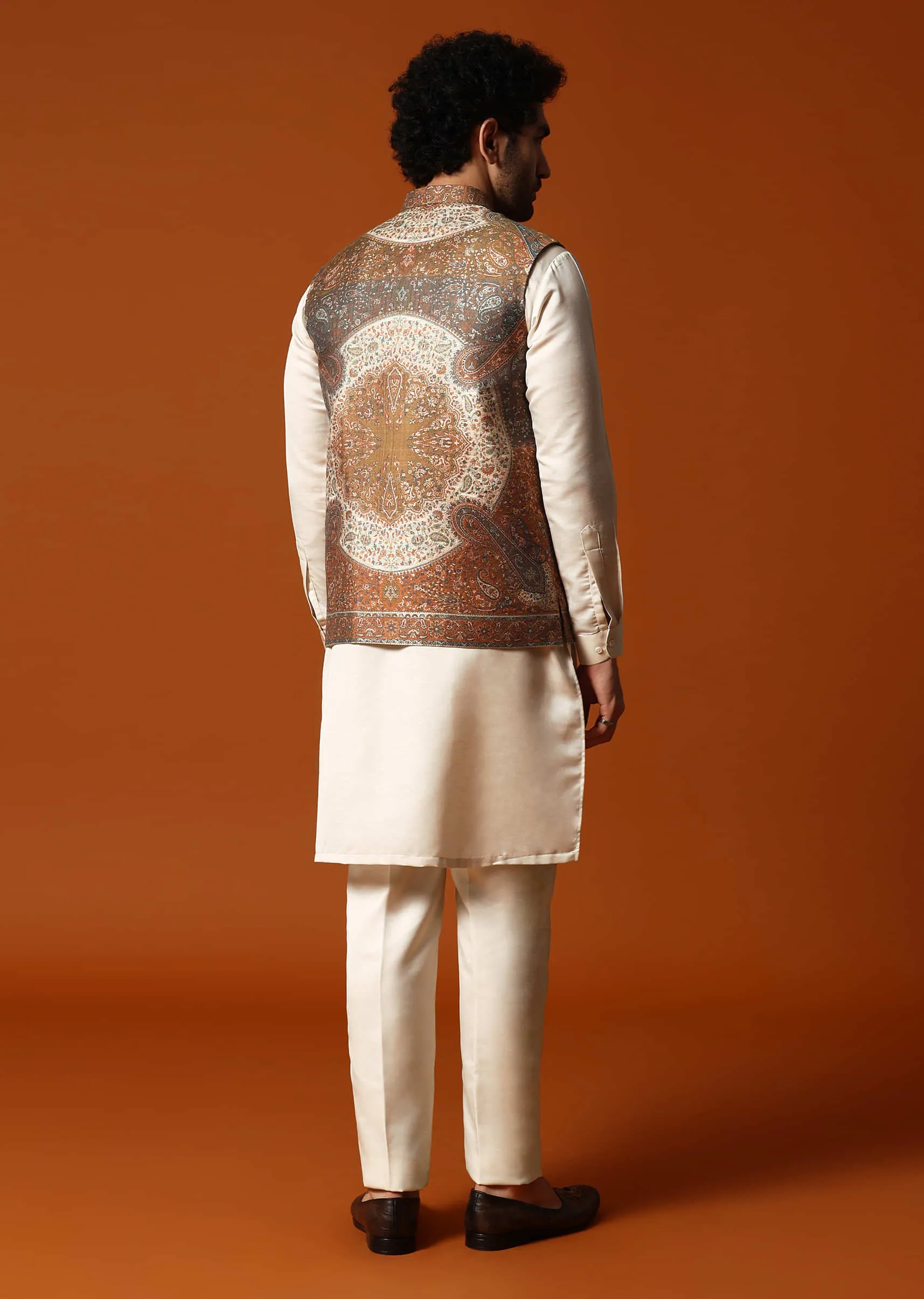 Beige Printed Kurta Jacket Set For Men