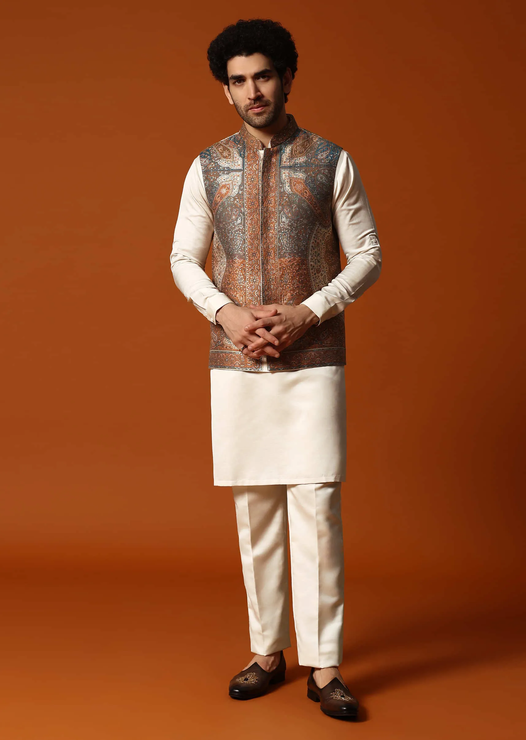 Beige Printed Kurta Jacket Set For Men