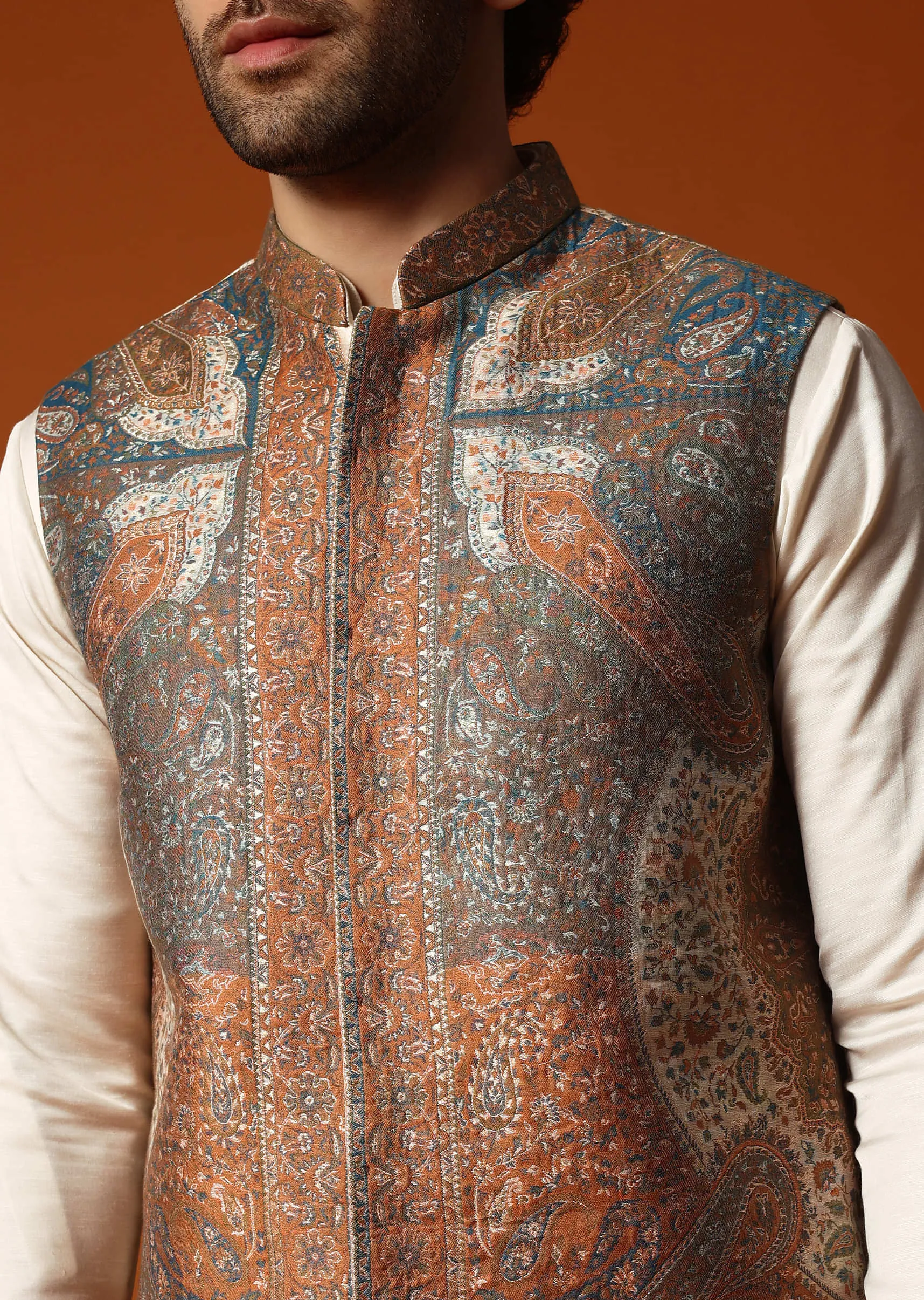 Beige Printed Kurta Jacket Set For Men