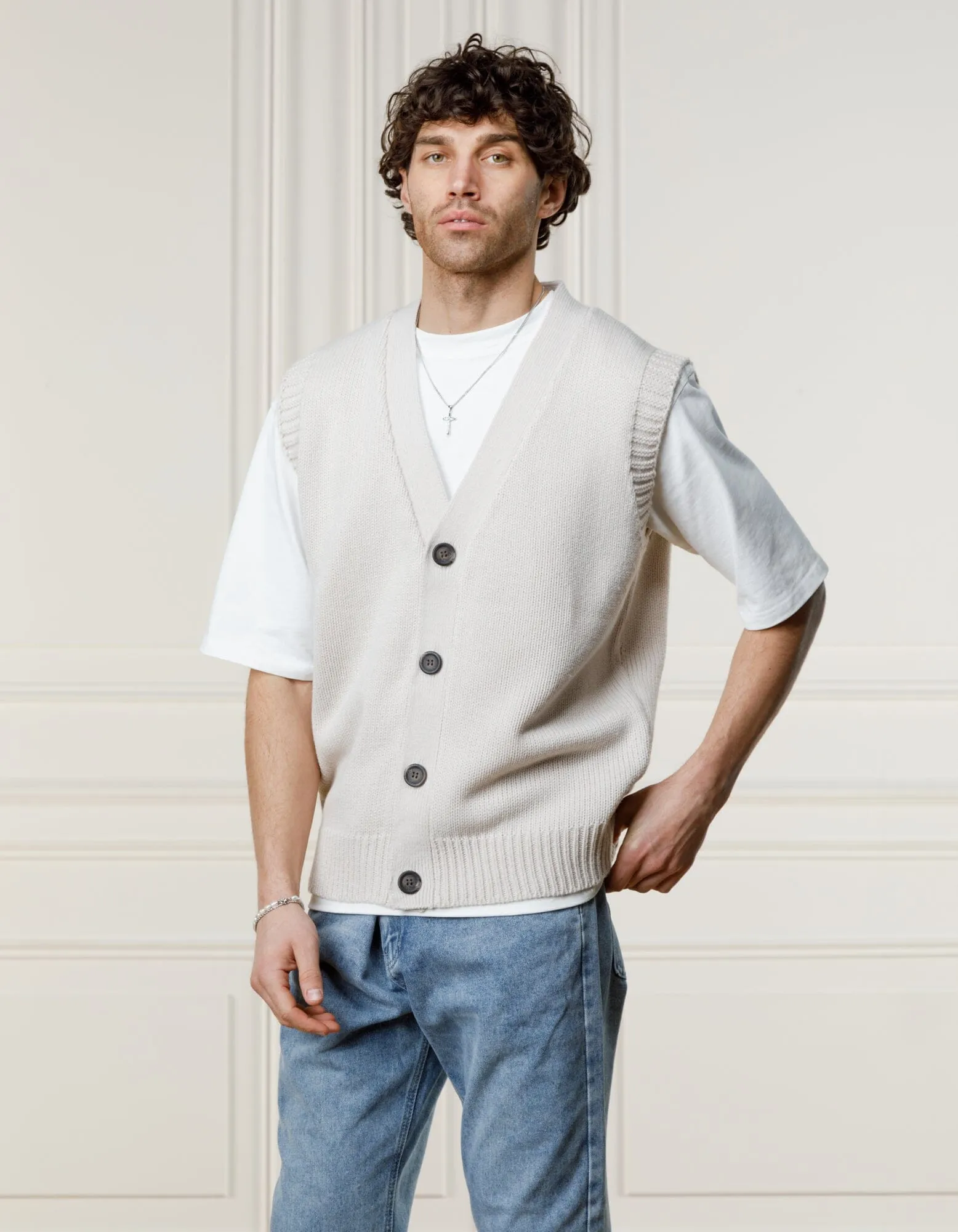 Beige Sleeveless Cardigan