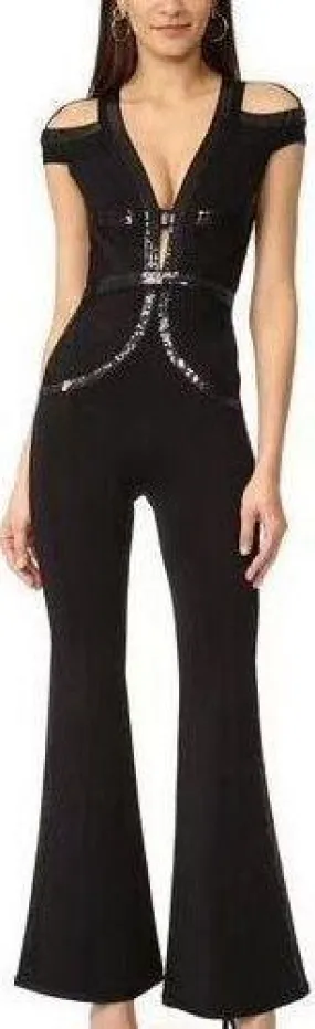 'Bethany' Cold-Shoulder Sequin-Embellished Bandage Jumpsuit