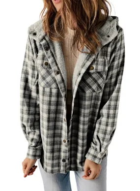Black Gray Women’s Jacket Plaid Shacket Long Sleeve Button Down  - Dokotoo