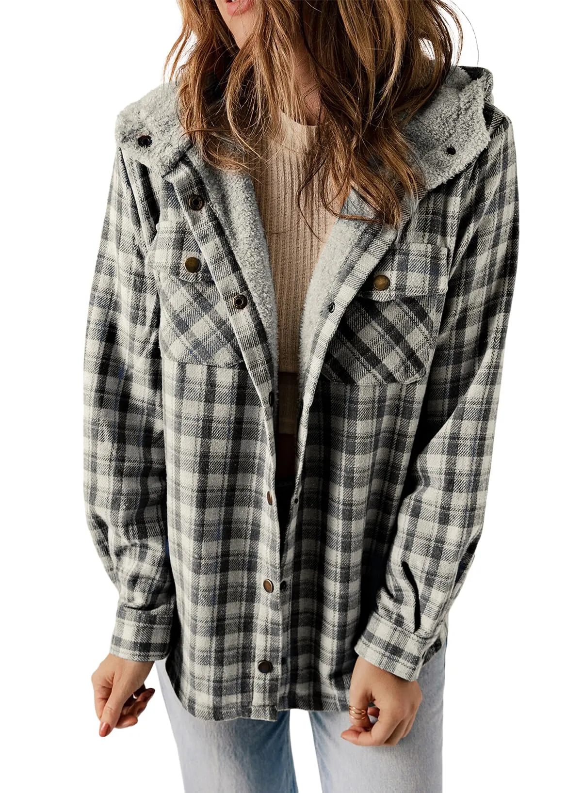 Black Gray Women’s Jacket Plaid Shacket Long Sleeve Button Down  - Dokotoo