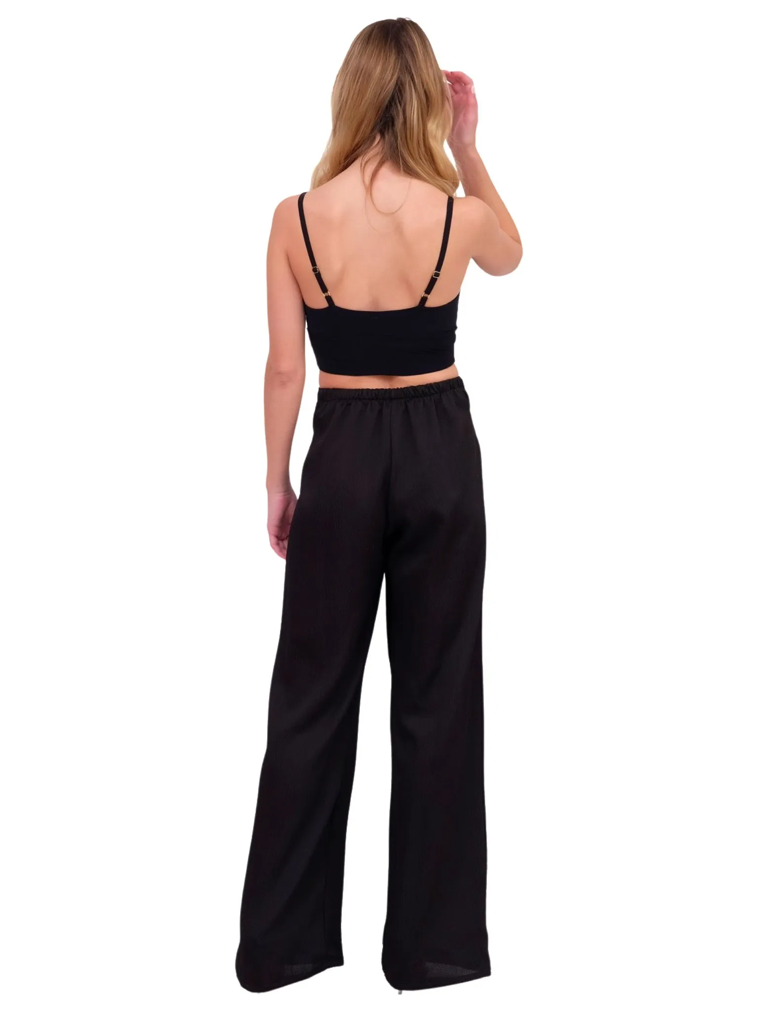 Black Hammered Satin Wide Leg Pants