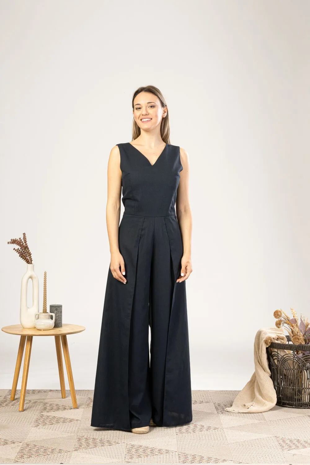 Black Linen Maxi Jumpsuit with Flaps