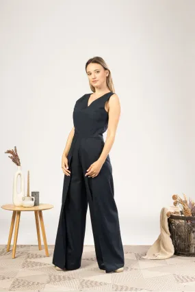 Black Linen Maxi Jumpsuit with Flaps